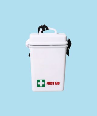 Waterproof first aid kit in a white hard case.