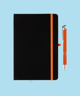 Everyday Notebook and Pen set - Orange. Matching pen and notebook trim on light blue background, 72 percent fit.