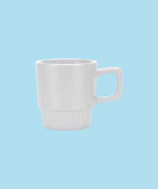 White Barista Stackable Coffee Mug on a light blue background.